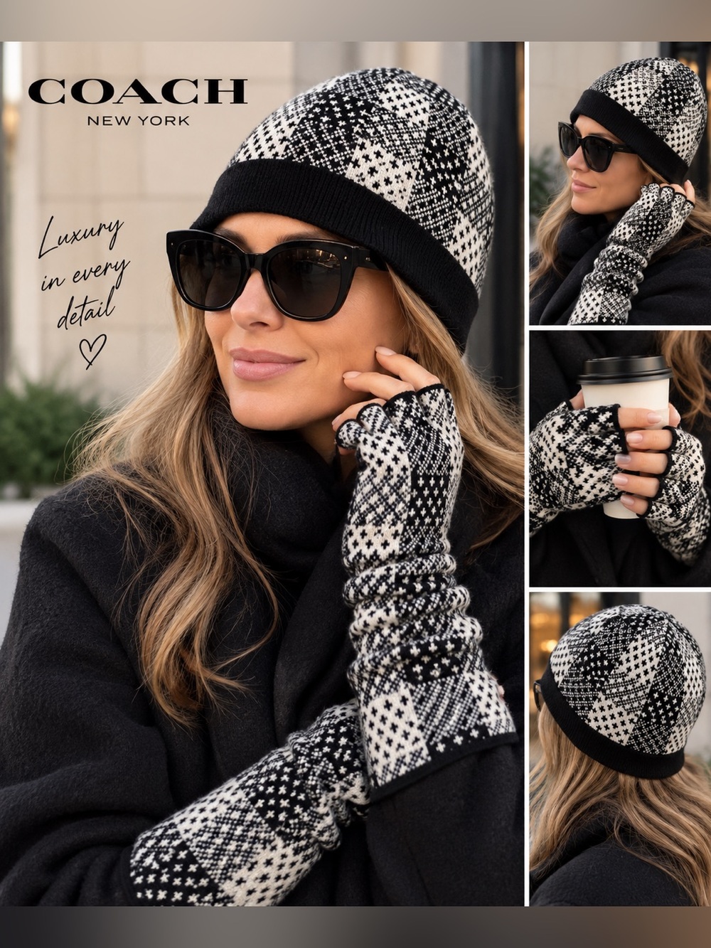 COACH 100% Cashmere Patchwork Beanie Hat & Fingerless Gloves Set Black XS/S